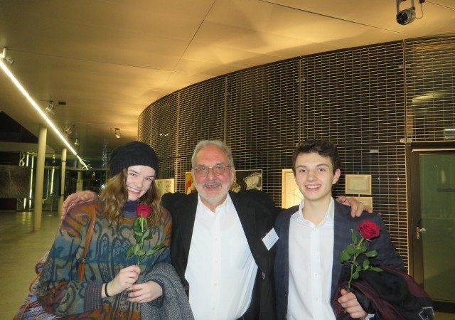 Preisverleihung 2018  - Herbert Beilschmidt mit dem Moderatorenteam Annika Wilke und Christoph Sannwald